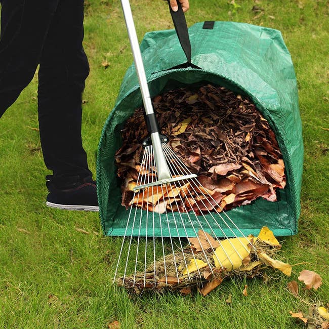 A model raking leaves into the dustpan