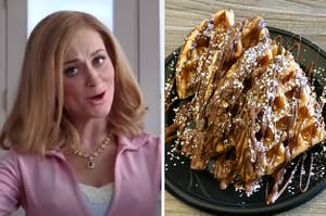 On the left, Amy Poehler as Regina George's mom in Mean Girls, and on the right, some waffles topped with Nutella and powdered sugar