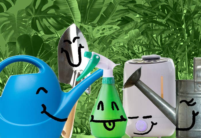 Gardening products—a plastic watering can, a trowel, a mister, a humidifier, and a metal watering can— with smiley faces in front of a backdrop of greenery.