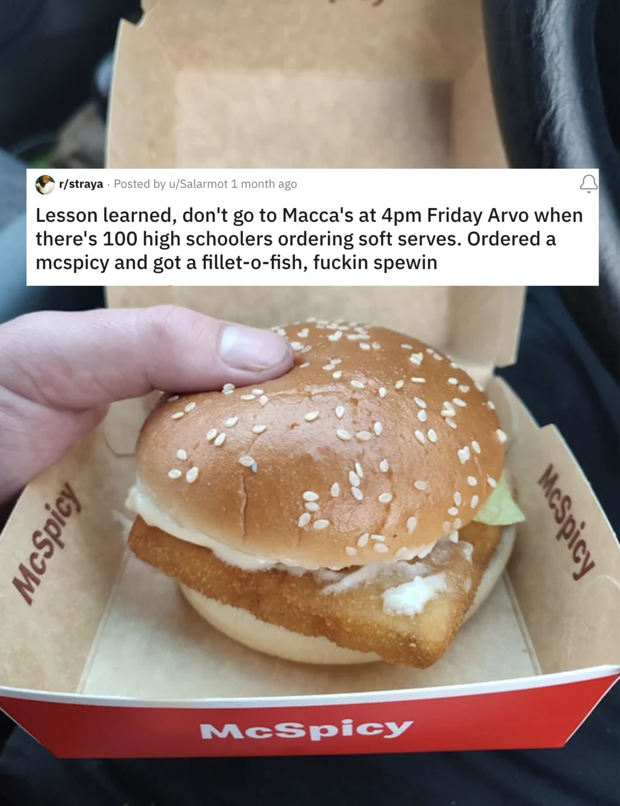 A McDonalds burger with a caption reading &quot;Ordered a mcspicy and got a fillet-o-fish, fuckin spewin&quot;