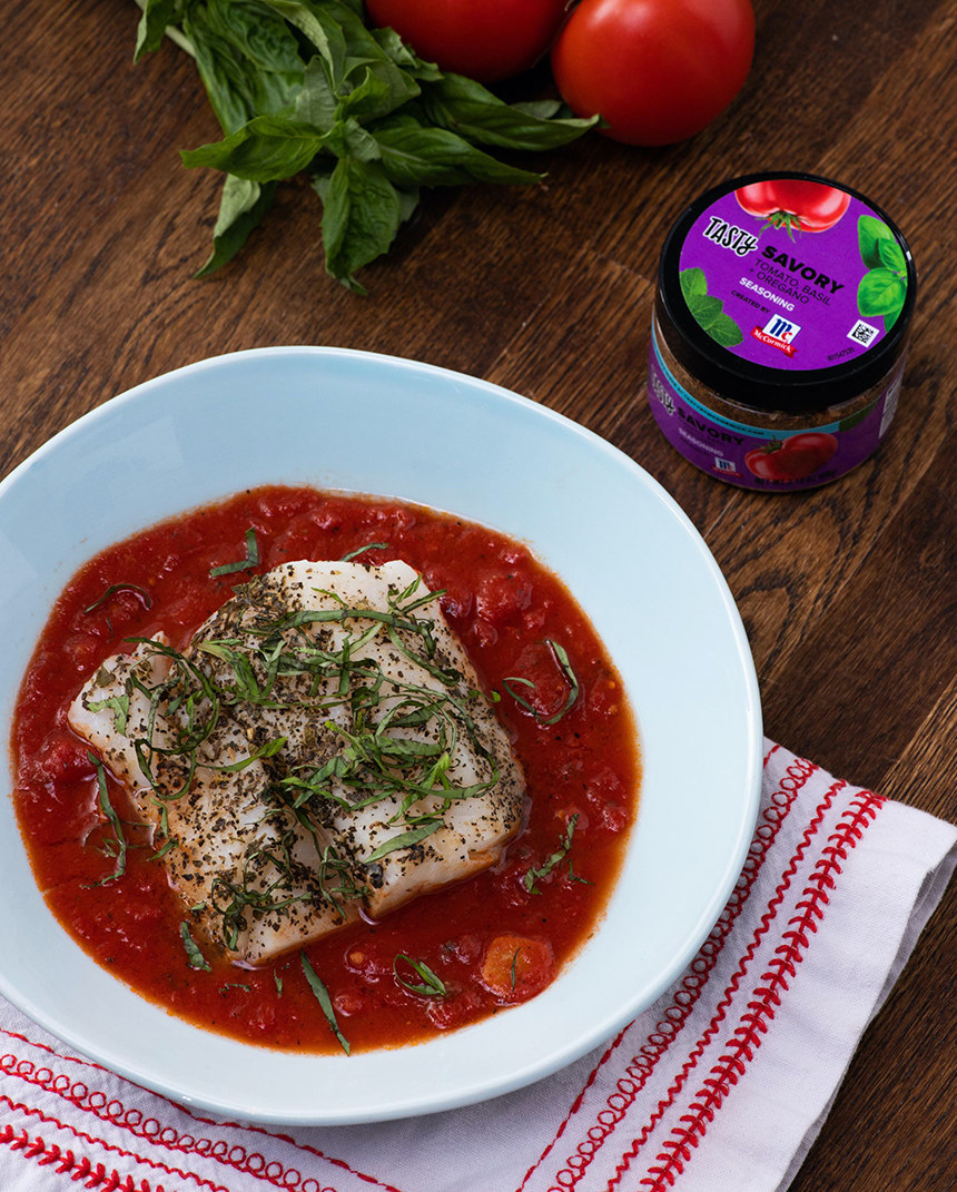 Savoury White Fish With Simmered Tomatoes