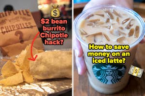 A chipotle burrito and an iced latte from Starbucks, titled "$2 bean burrito hack?" and "how to save money on an iced latte?"