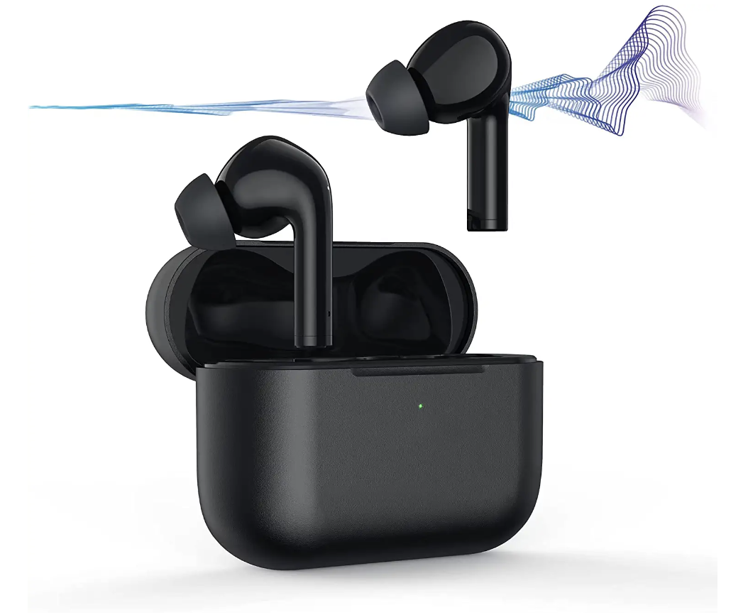 black wireless earbuds and charging case