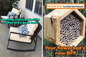 L: two outdoor rocking chairs with text reading "Rocking chairs perfect for coffee and a good book.", R: a reviewer photo of a wooden bee house, a snapshot of a five-star review titled "Lovely bee house", and text reading "Your flowerbed's new BFF" 