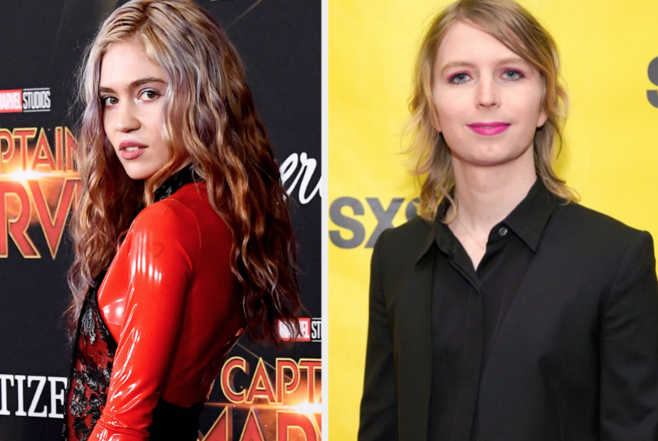 Grimes wears a latex blazer and Chelsea Manning wears a dark suit