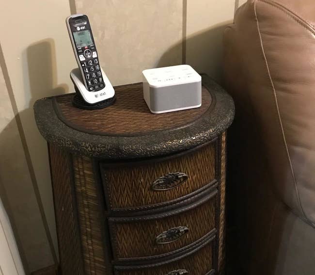 White noise machine placed on reviewer's nightside table