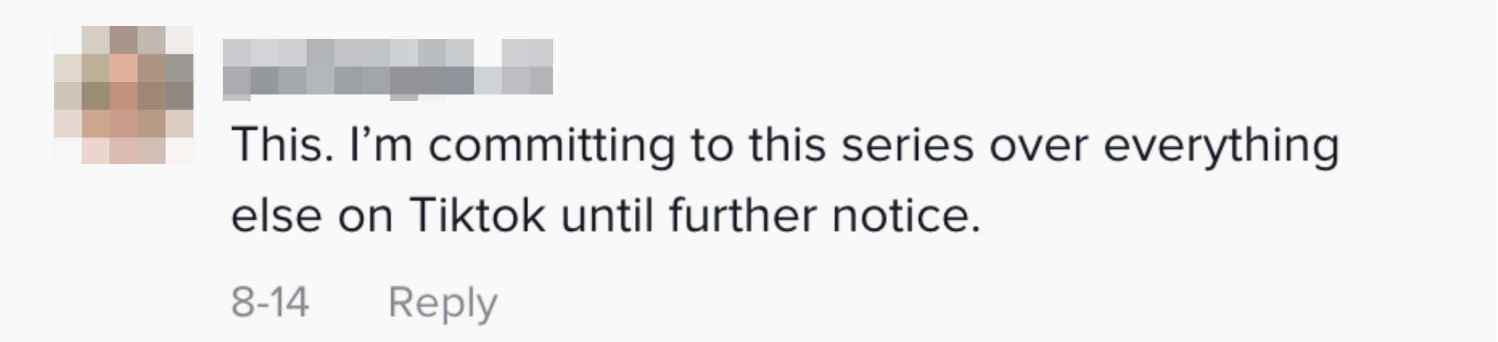 A commenter saying &quot;I&#x27;m committing to this series over everything else on TikTok until further notice&quot;