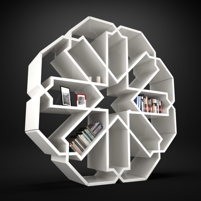 a circular shelf with intricate designs for shelving