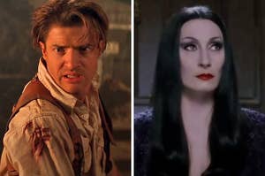 On the left, Brendan Fraser as Rick in The Mummy, and on the right, Anjelica Huston as Morticia Addams in The Addams Family
