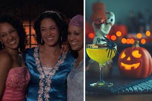Cam stands with her mother and twin sister and a neon drink with a fake spider in it