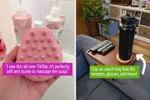 左为BuzzFeeyabo sportsd编辑艾玛·洛德手持粉色头皮按摩器。在右边，木制夹在沙发托盘上的灰色沙发手臂，拿着遥控器和饮料玻璃杯