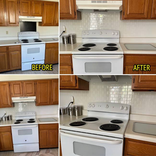 a reviewer's kitchen backsplash before and after the tile