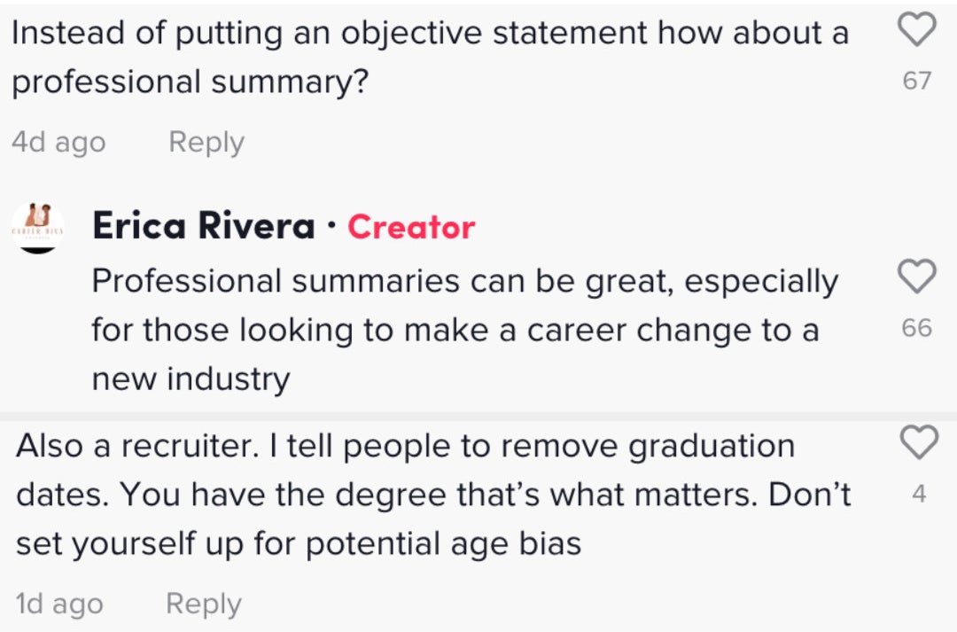 commenters suggesting a professional summary instead of an objective statement and removing graduation dates to eliminate potential age bias