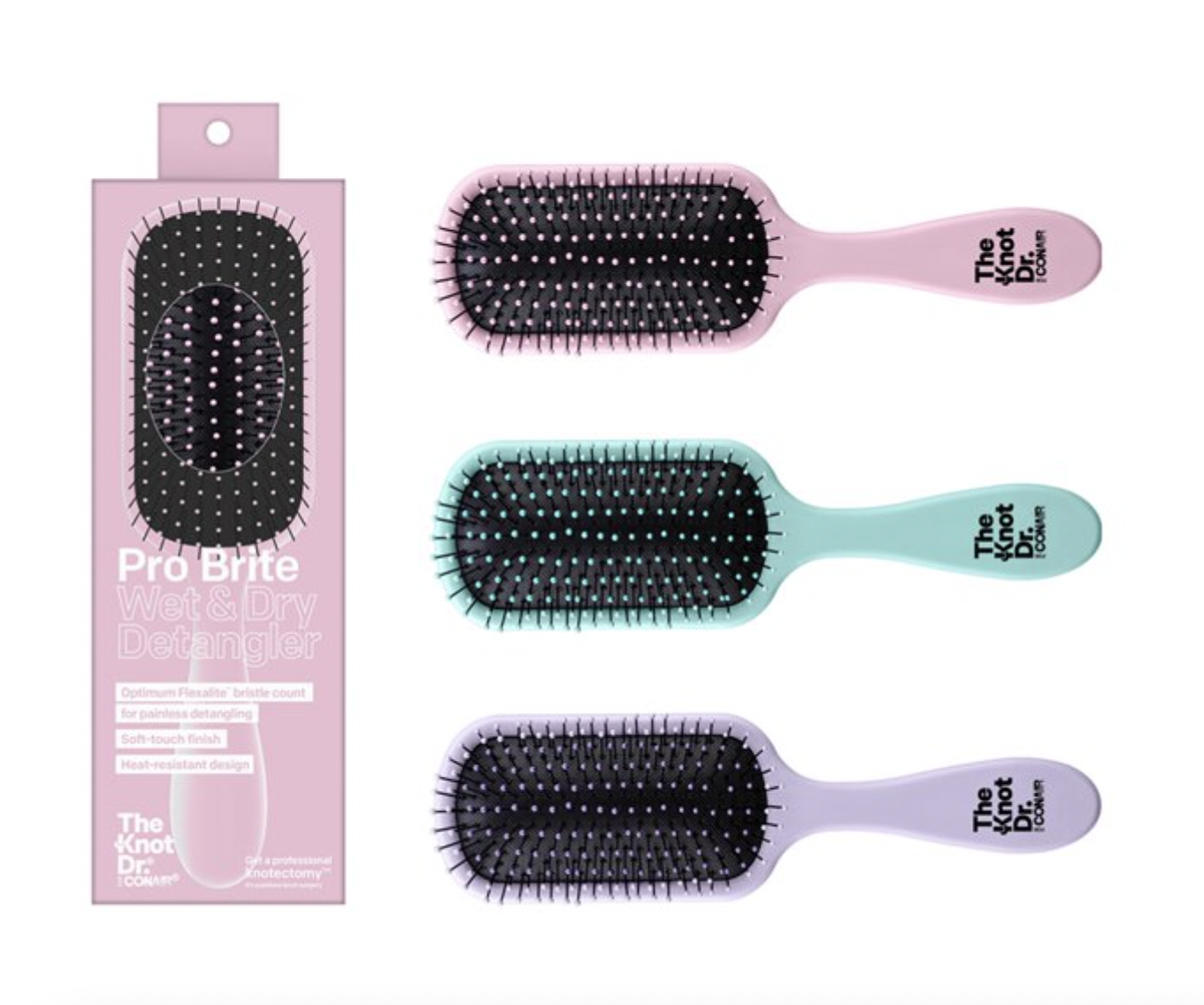 The Knot Dr. for Conair Pro Brite Wet and Dry Detangling Hair Brush, in pink, green, and purple
