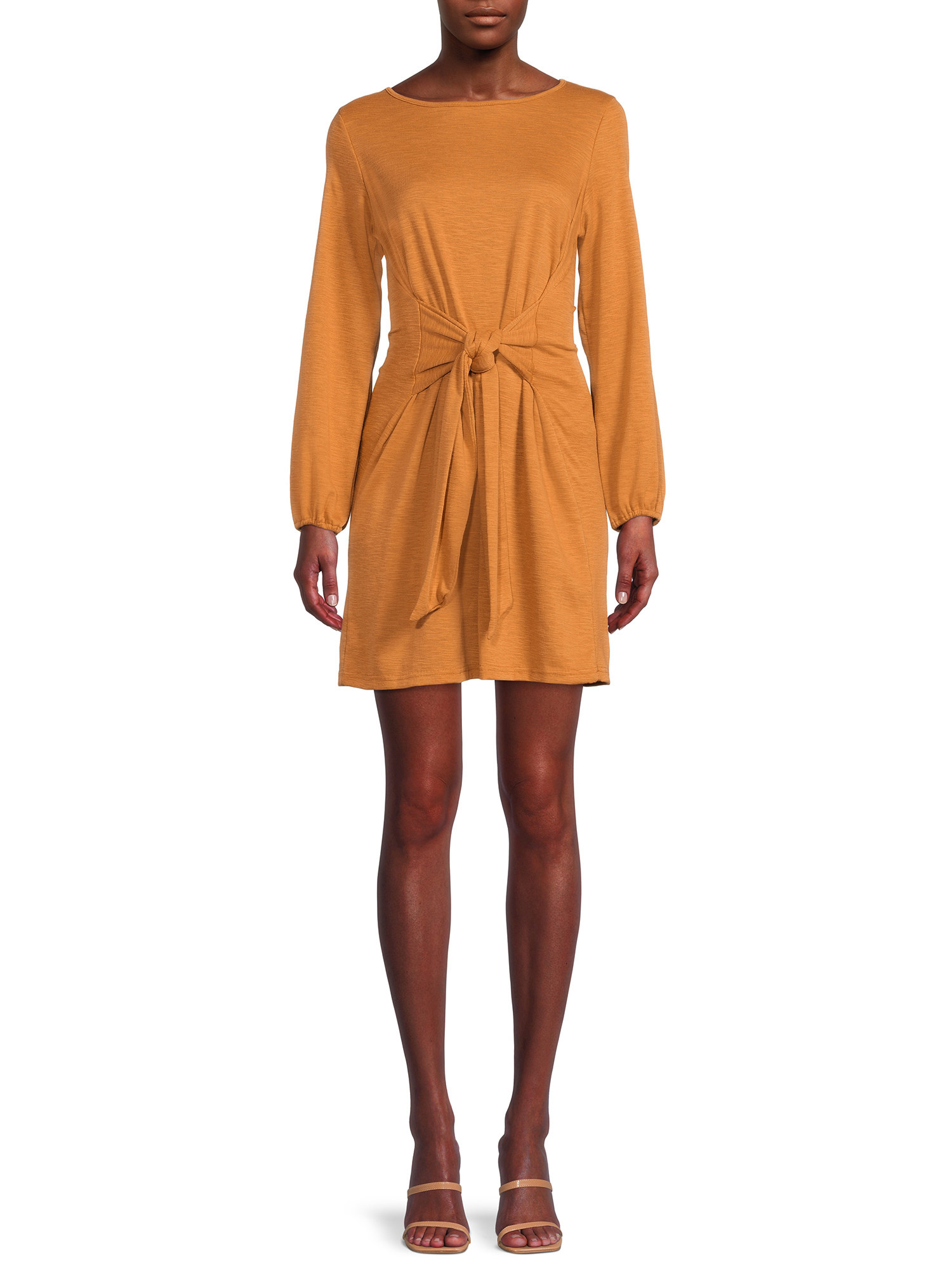 A model wearing the orange dress