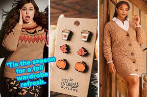 L: a reviewer wearing a fair isle bat sweater and text reading "'Tis the season for a fall wardrobe refresh.", M: a three-pack of fall-themed stud earrings, R: a model wearing an oversized cardigan dress with a white collared shirt underneath 