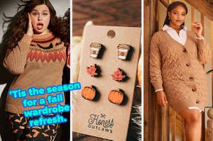 L: a reviewer wearing a fair isle bat sweater and text reading "'Tis the season for a fall wardrobe refresh.", M: a three-pack of fall-themed stud earrings, R: a model wearing an oversized cardigan dress with a white collared shirt underneath 