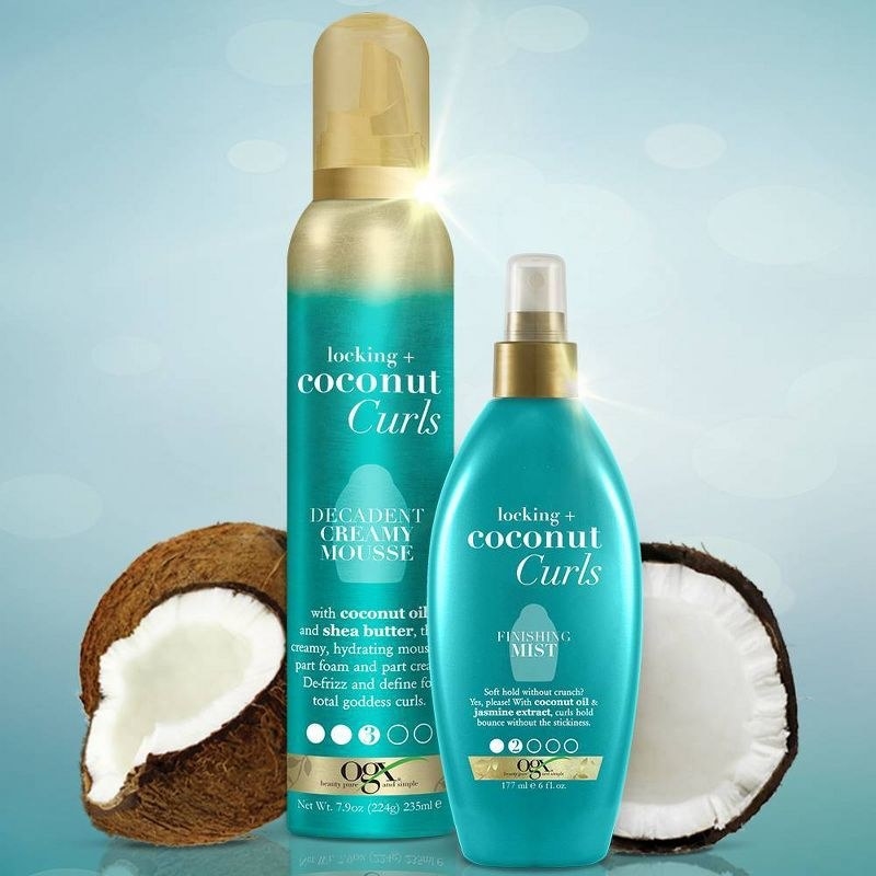 A hair mousse and spray with cut coconuts