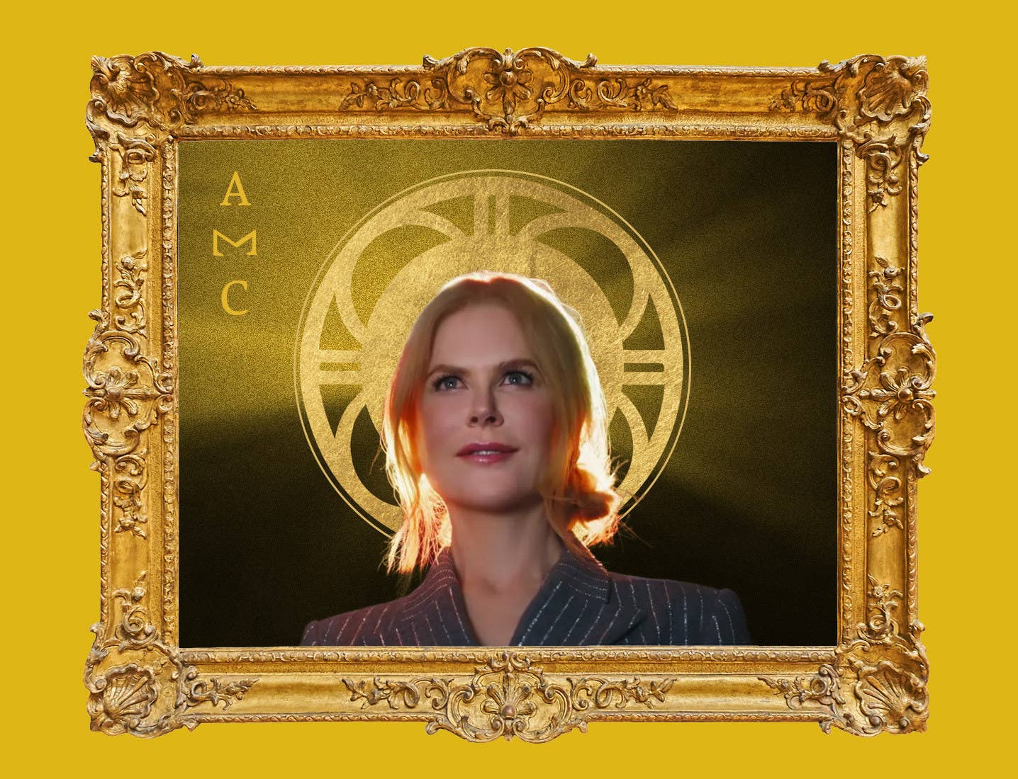 Nicole Kidman is shown with a brilliant ray of light behind her head as she stares offscreen. The image from the AMC ad has been re-stylized to resemble a Renaissance deity and is seen in a gilded frame.