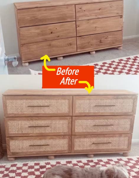 a before and after of rattan on a dresser