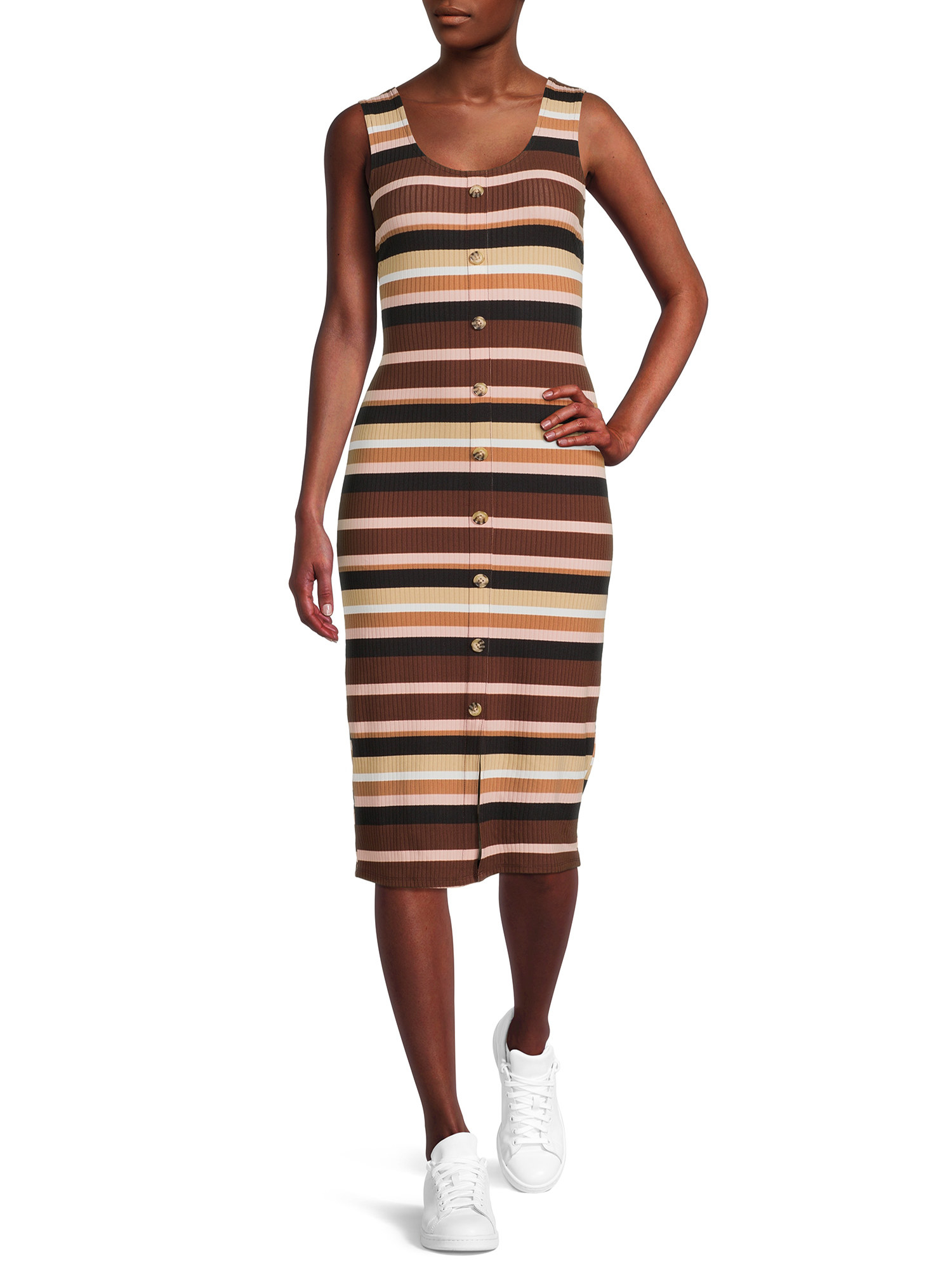 Model wearing the knee-length sleeveless, button-front dress with horizontal stripes