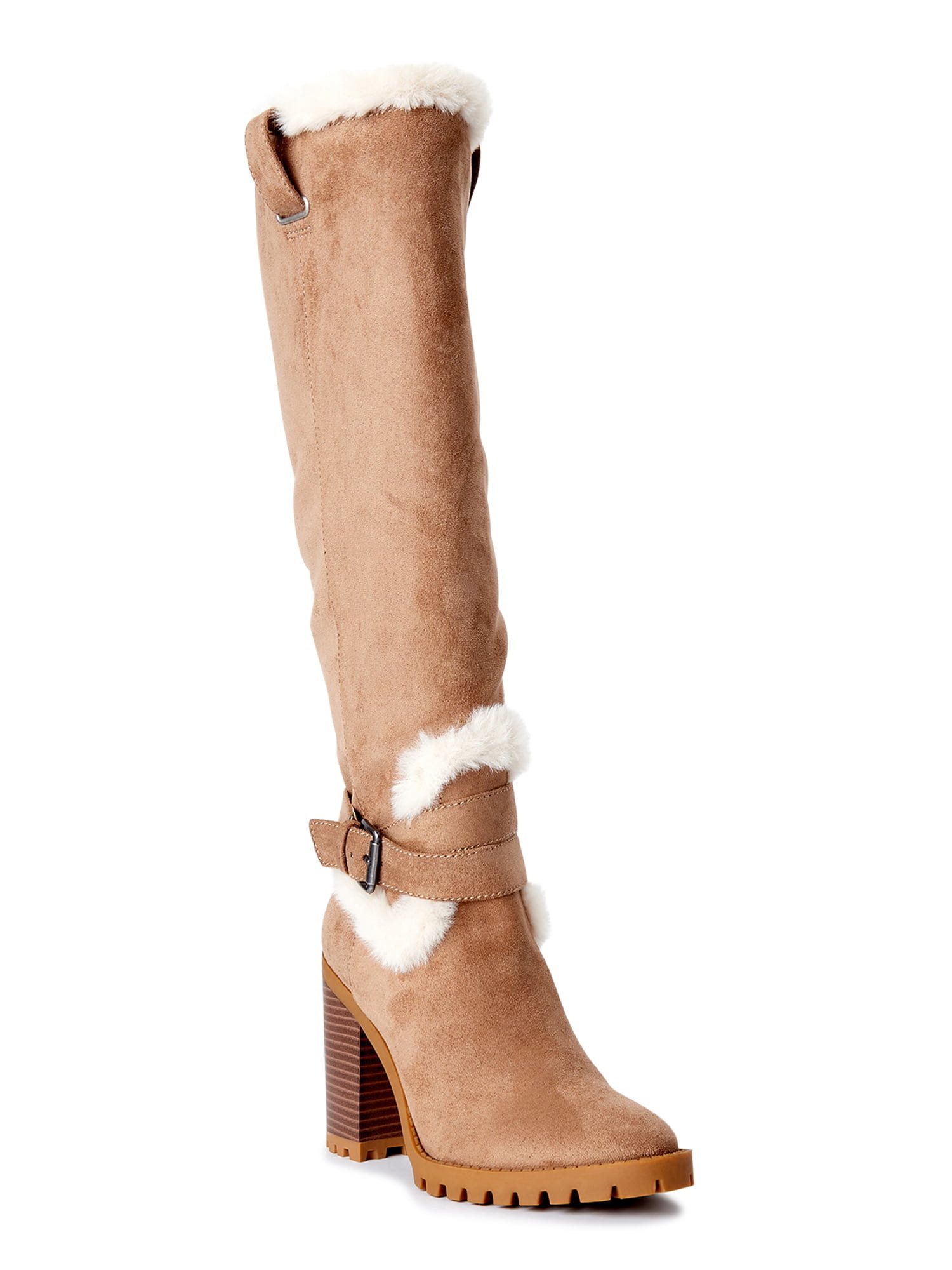 The tan heeled boot with white faux fur trim