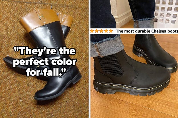 在左边的双色马靴和文字上写着“它们是秋天的完美颜色”;右边是一位穿着Dr Martens切尔西靴的评论者，上面的文字写着“最耐用的切尔西靴”