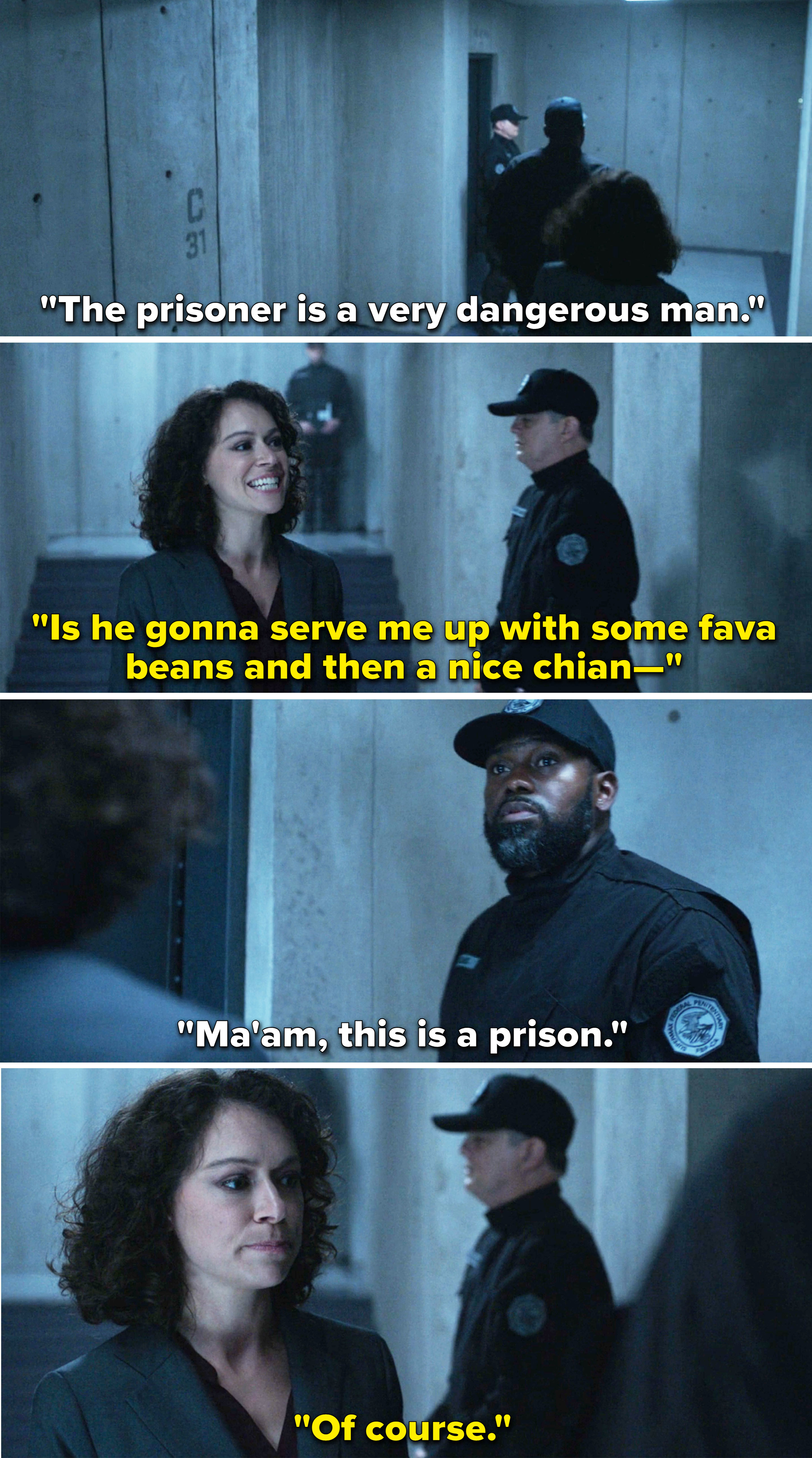 Jennifer makes a joke to a guard before visiting a dangerous prisoner