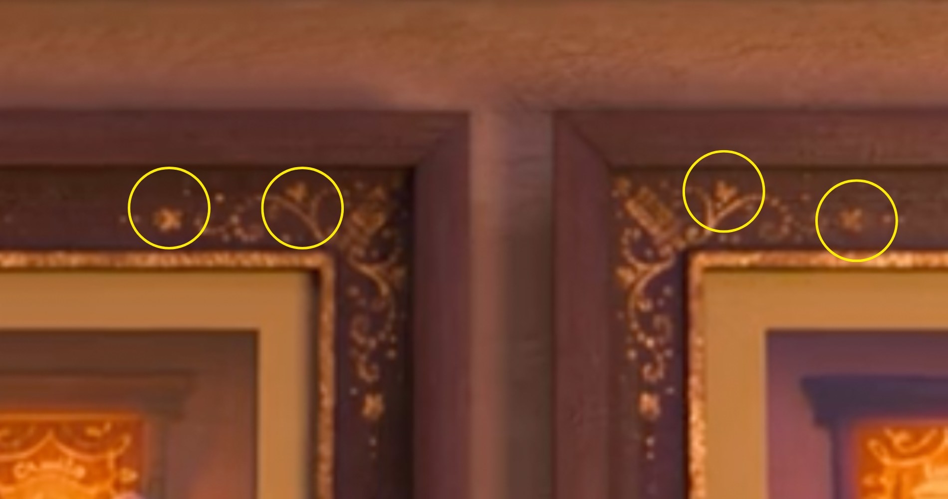 The tiny butterflies around the family&#x27;s photo frames, zoomed in and with four circles around them pointing them out.
