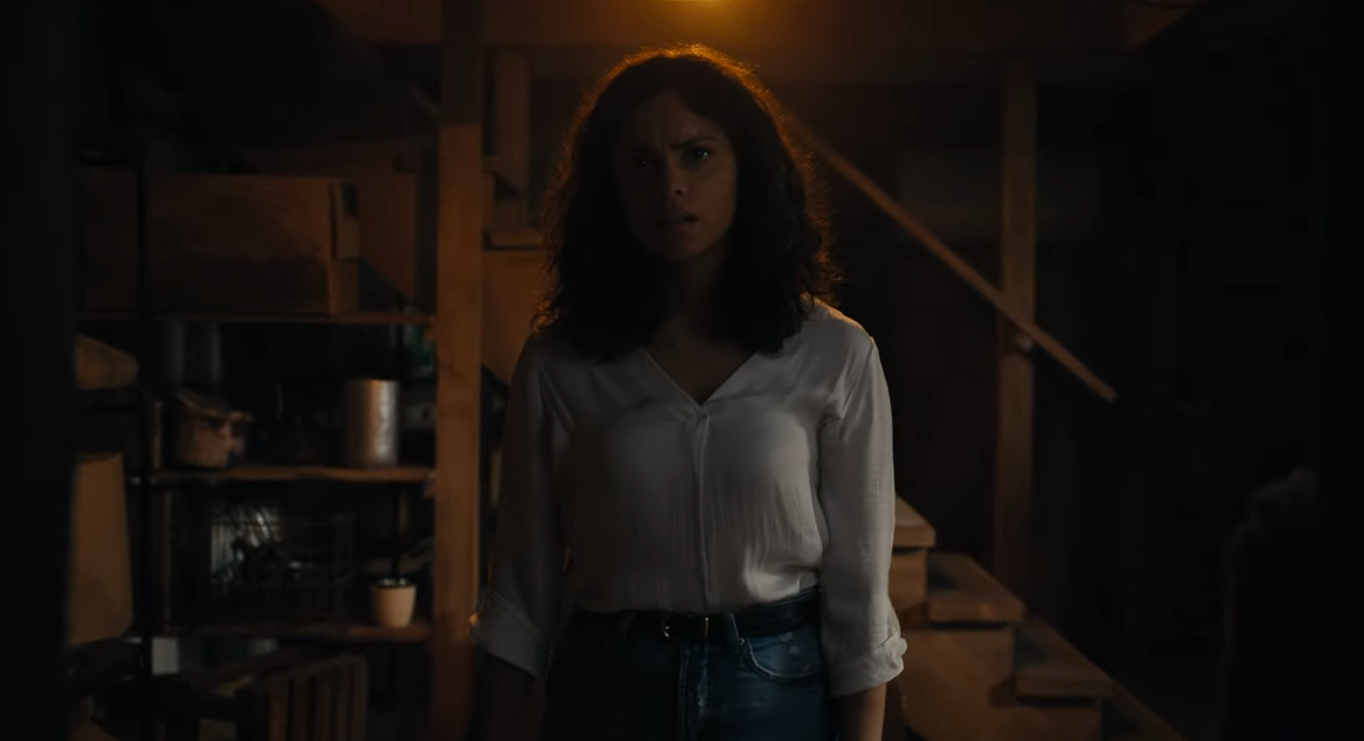 Tess looking at something in the basement