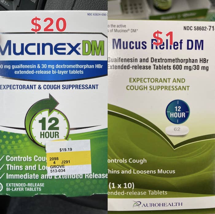 Two medications next to each other with their prices; Mucinex DM is $20, while the generic version is $1