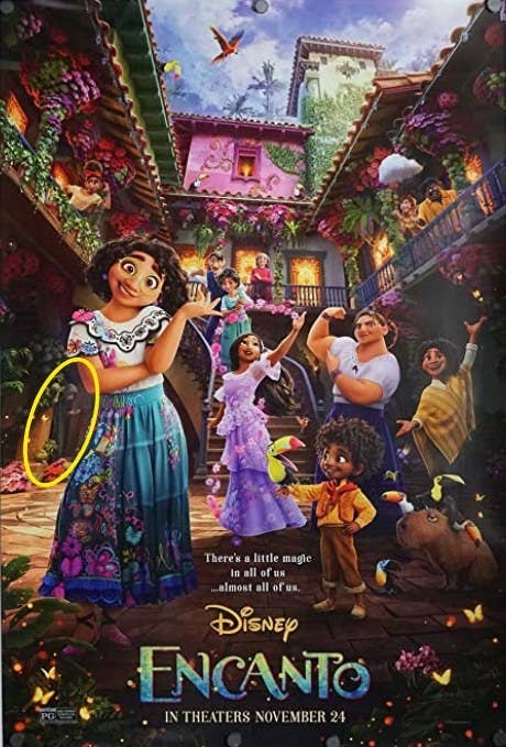 Encanto movie poster, showing the entire family in the Casita, with Bruno hidding in the background and an oval pointing him out.