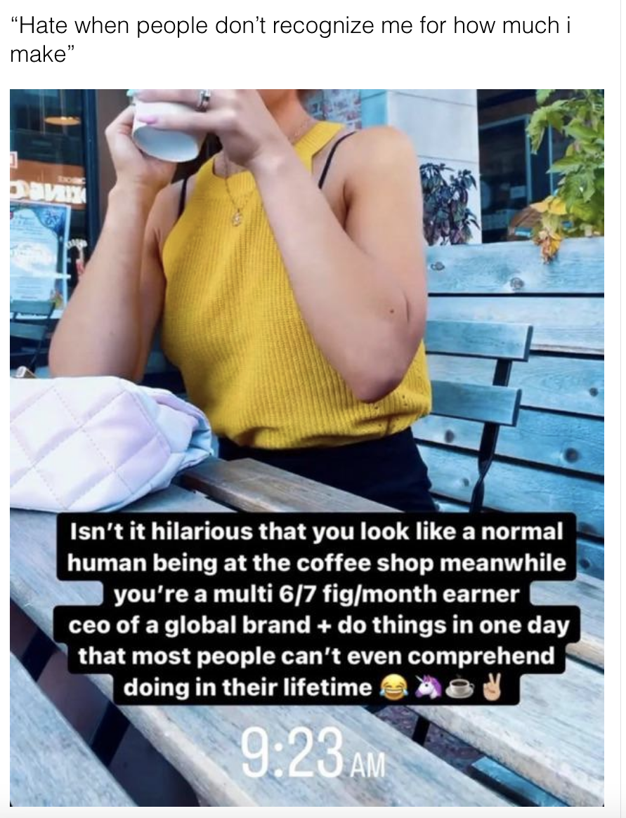 Person sitting at a bench table at 9.23 am at a café with caption saying they&#x27;re a &quot;multi 6/7 fig/month earner ceo of a global brand&quot; and doing things in one day that most people can&#x27;t comprehend doing in their lifetimes