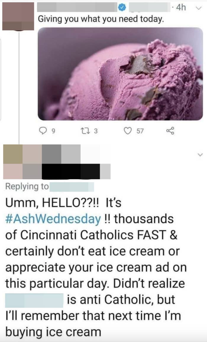 Post yelling at someone for posting a picture of ice cream when it&#x27;s Ash Wednesday and lots of Catholics are fasting