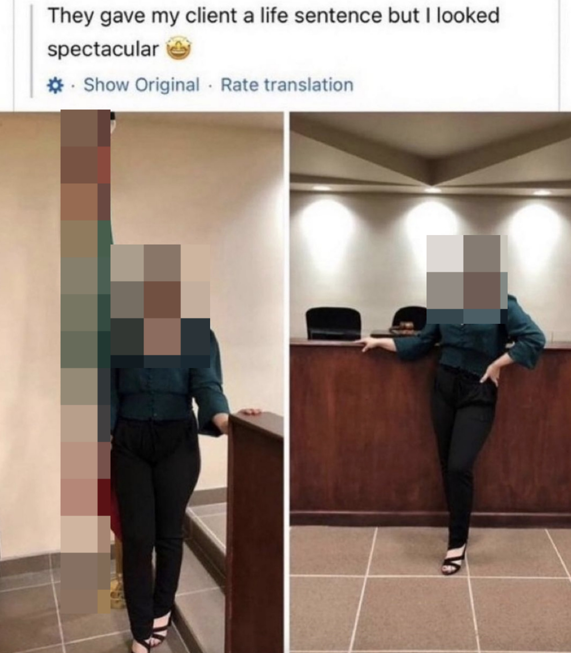 Person with face pixelated out standing in a courtroom and posing