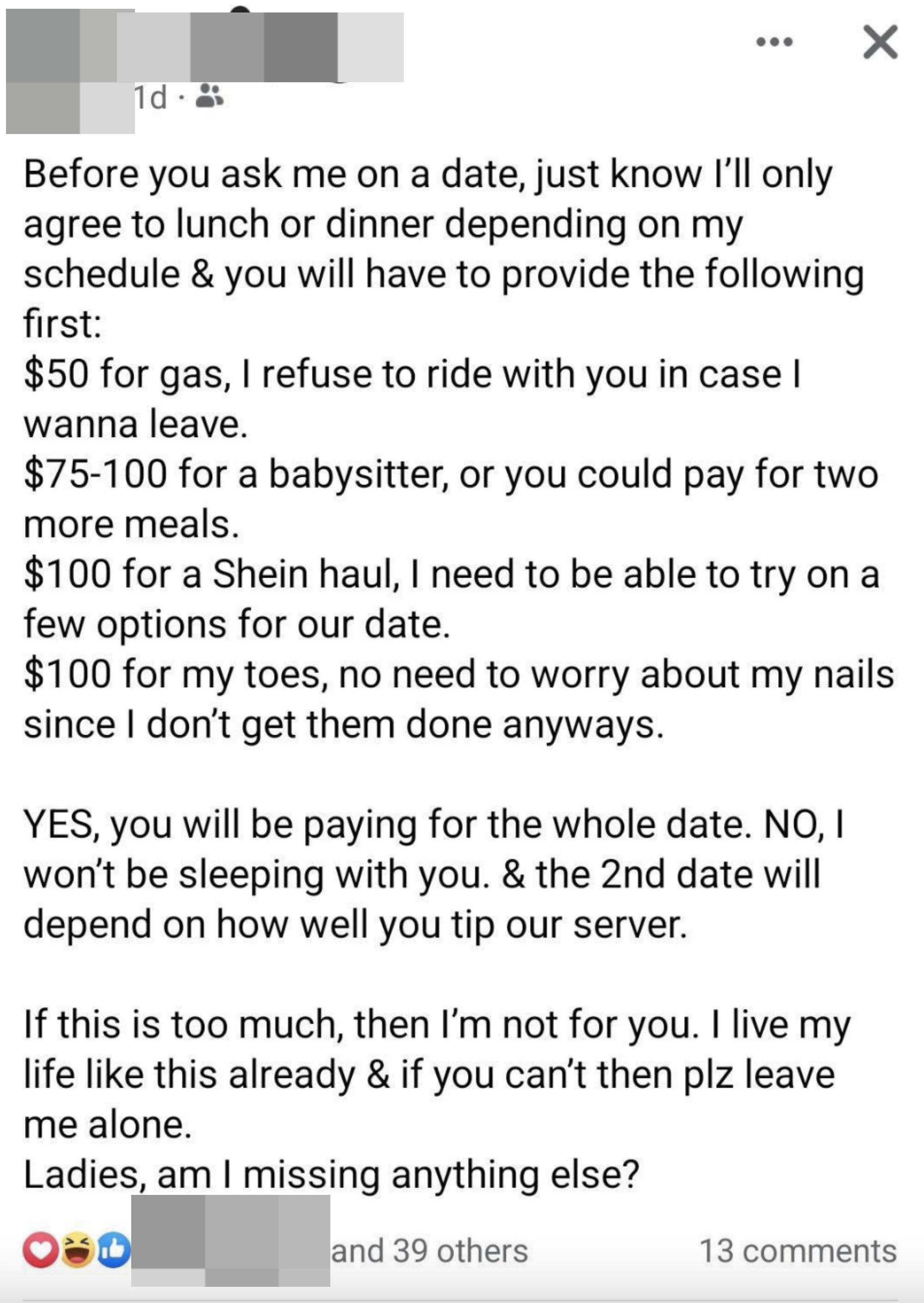 Her date will have to provide over $300 for her date prep, including babysitter and toenails, and pay for the date, and no, she&#x27;s not sleeping with them, and second date will depend on how well the date tips the server