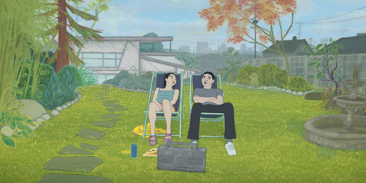 animation of two people sitting on lawn chairs