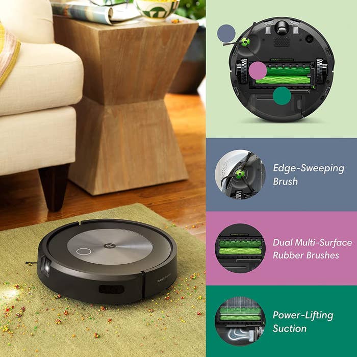 the roomba cleaning up crumbs off a rug