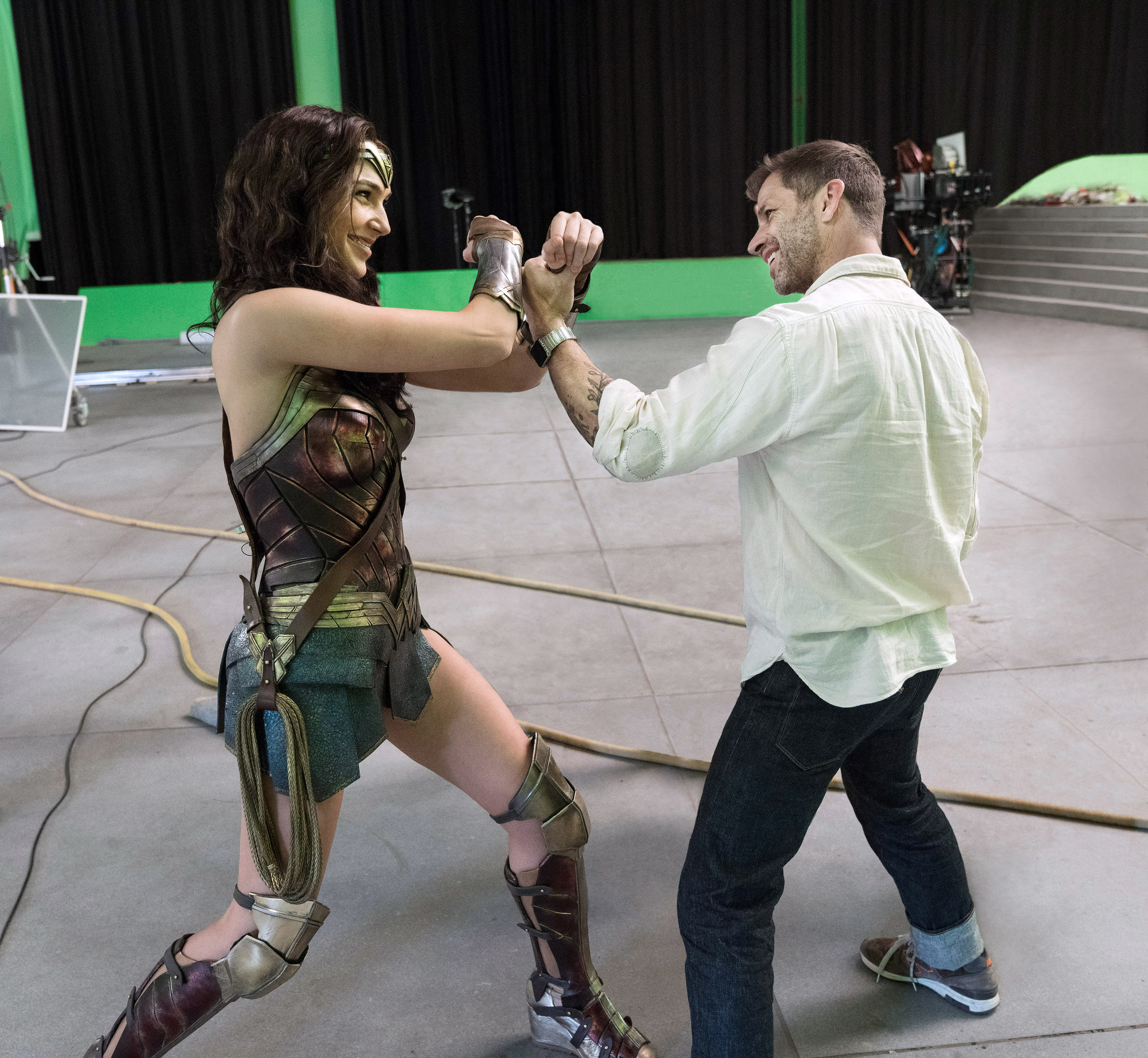 Snyder and Gal Gadot having fun between filming