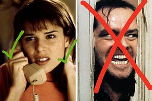 Sydney Prescott holds a landline phone and a close up of Johnny through a cracked door