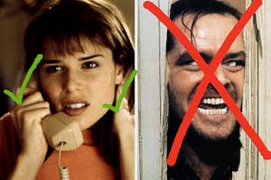 Sydney Prescott holds a landline phone and a close up of Johnny through a cracked door
