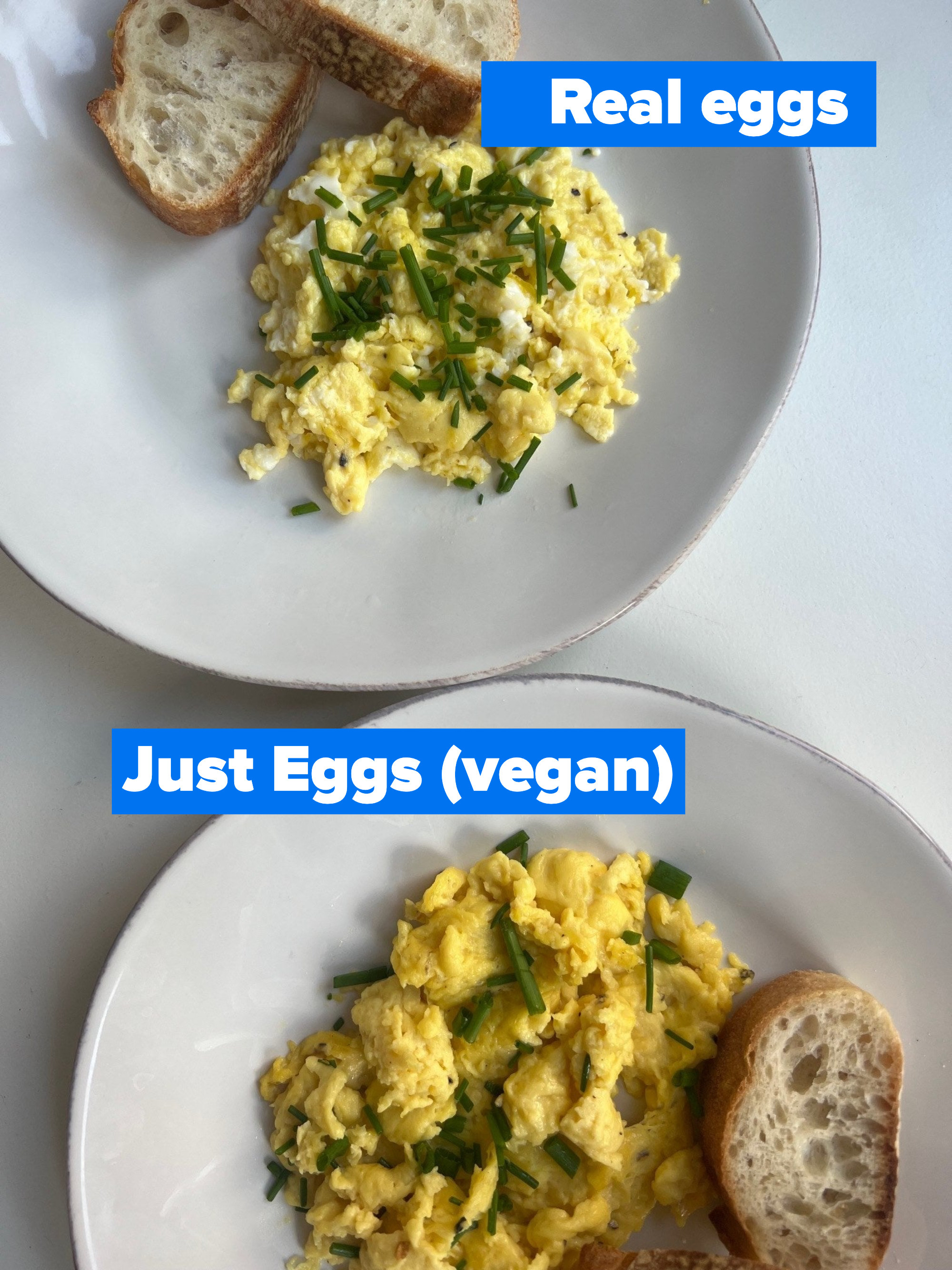 A plate of real eggs and a plate of plant-based eggs.