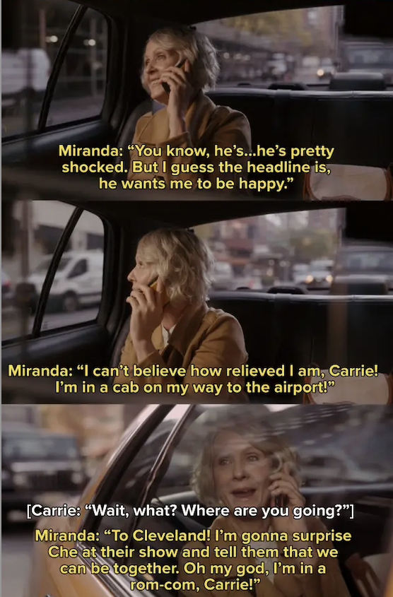 miranda on the phone with carrie telling her she&#x27;s going to surprise che