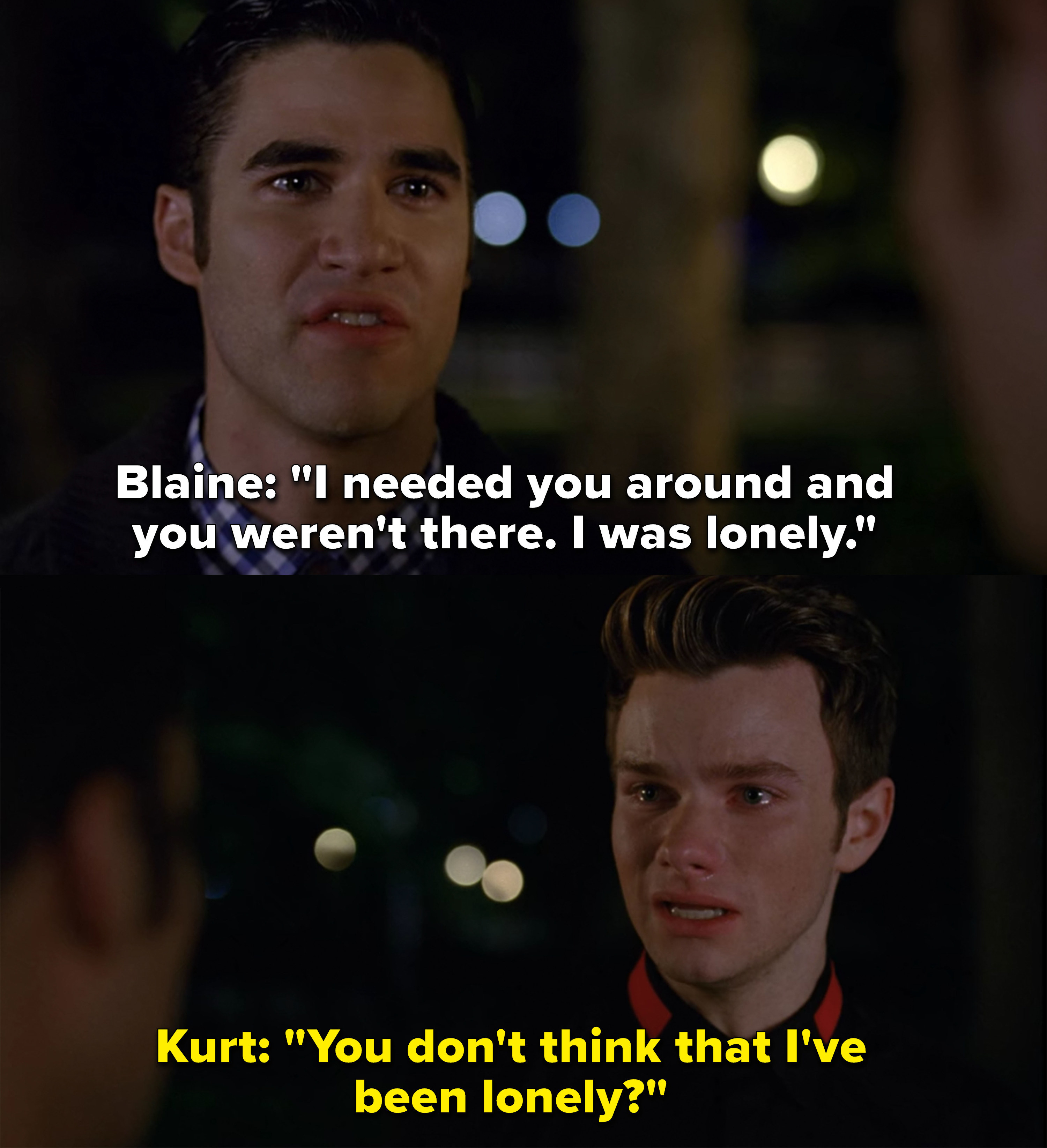 blaine telling kurt that he was lonely as an excuse for cheating