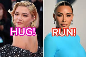 Florence Pugh wears a strapless gown and Kim Kardashian wears a brightly colored gown
