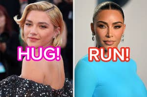 Florence Pugh wears a strapless gown and Kim Kardashian wears a brightly colored gown
