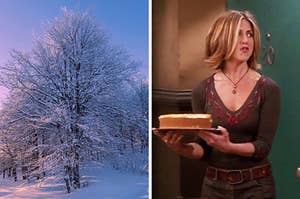 On the left, a tree covered in snow, and on the right, Rachel from Friends holding a cheesecake