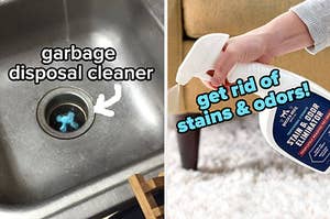 Reviewer photo of garbage disposal cleaner working in sink / model spraying stain and odor eliminator
