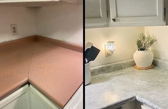 reviewers pepto-bismol pink counter before, and after, now a mottled light grey and white