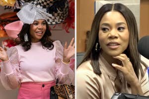 split image of Regina Hall, on the left she is standing while waving her hand wearing a pink outfit and on the right she is talking during an interview with her hand below her chin